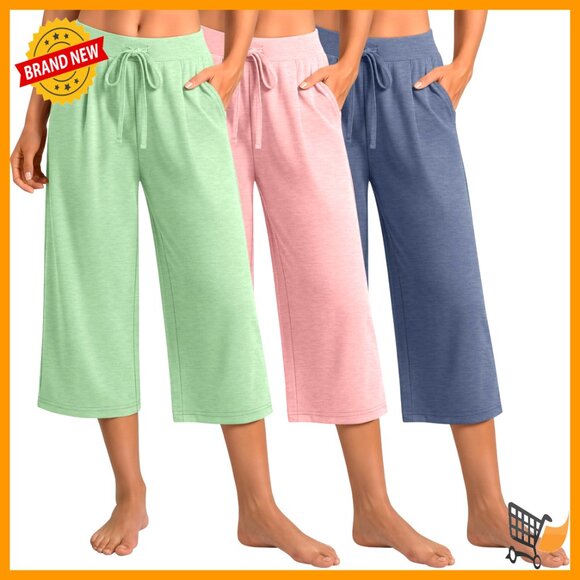 3 Pack Women's High Waist Wide Leg Yoga Capri Pants with Pockets Drawstring
